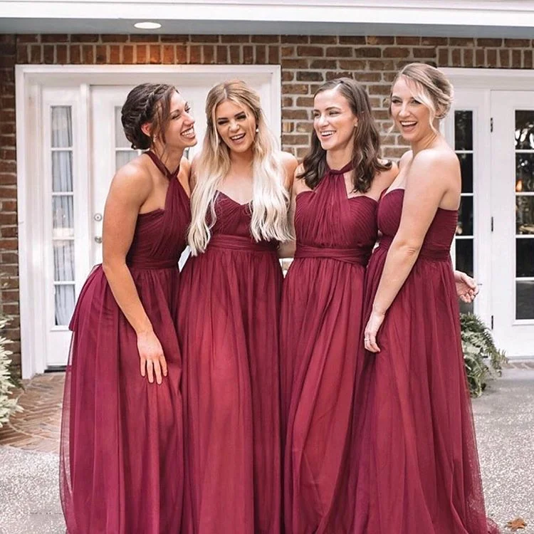 Women's Office Clothing Contemporary Elegance Sheath Tulle Convertible Burgundy Bridesmaid Dresses