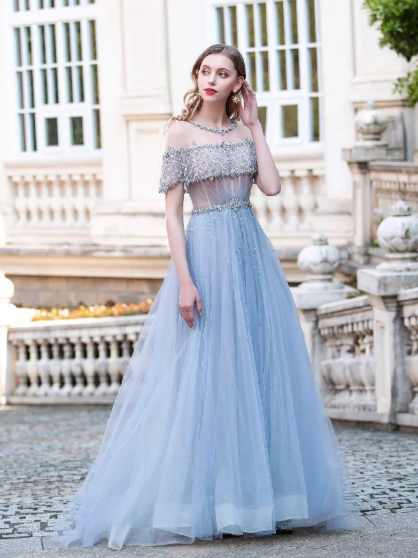 Women's Loungewear Clothes Feminine Grace Roycebridal Roycebridal A-Line Tulle Beaded Luxurious Fashion Formal Evening Dresses Short Sleeves Floor Length Prom Dresses