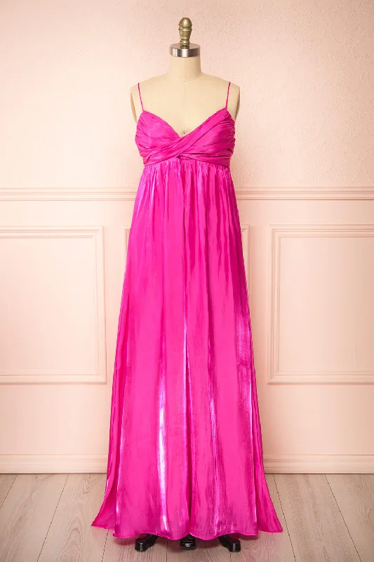 Women's Contemporary Apparel Effortless Comfort Eowyn | Silky Pleated Fuchsia Maxi Dress