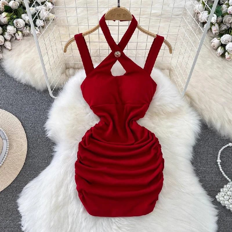 Comfortable Women's Attire Romantic Detailing halter neck suspender dress for women sexy pleated dress       S4345