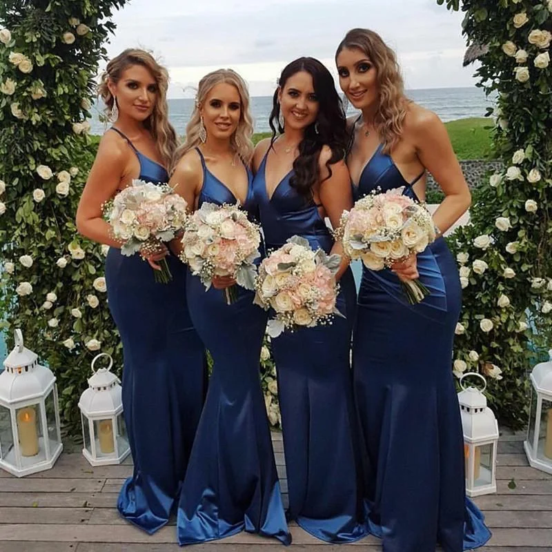 Vintage-Inspired Women's Clothes Tropical Island - Inspired Attire Roycebridal Long Mermaid V Neck Custom Blue Bridesmaid Dresses