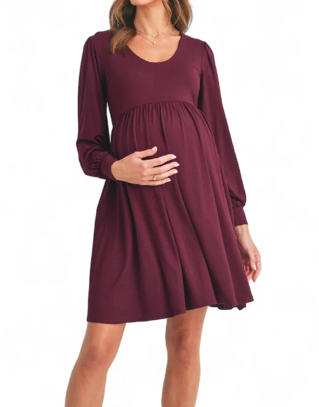 Women's Active Garments For Workouts Today Only U Neck Puff Sleeve Maternity Dress With Pocket In Burgundy