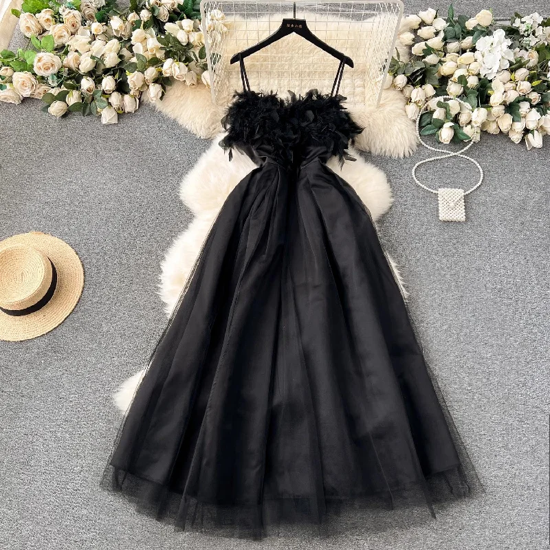 Women's Stylish Outdoor Outfit Luxe Layering black dress for women feather puffy suspender dress      S4586