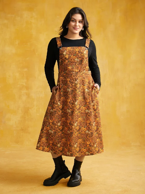 Women's Everyday Garments Great Deals on Ethnic Cultural Wear Pumpkin Print Suspender Midi Dress