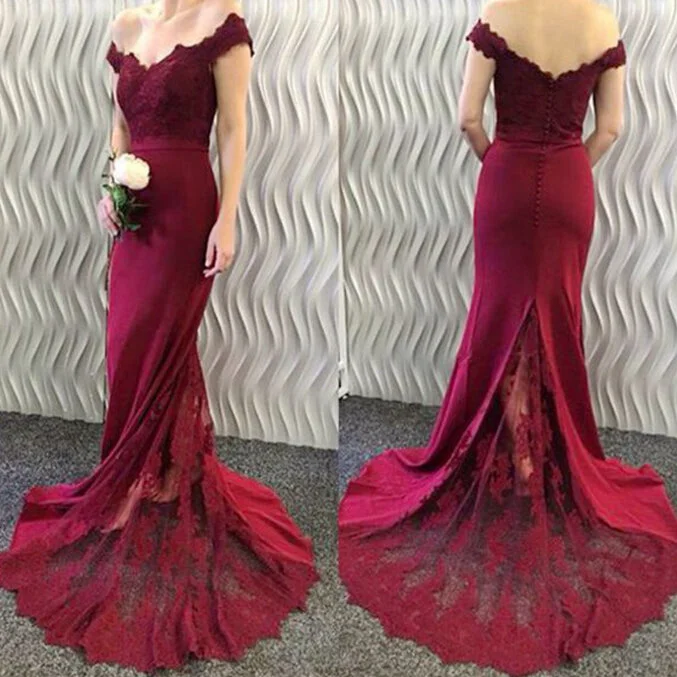 Timeless Women's Clothing Classic Timeless Elegant Style Roycebridal Lace Burgundy Bridesmaid Dress Off-the-Shoulder Mermaid Prom Dresses