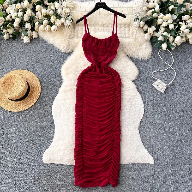 Women's Charming Outfit For Events Feminine Elegance Sexy suspender dress women's pleated hot girl long skirt    S4555