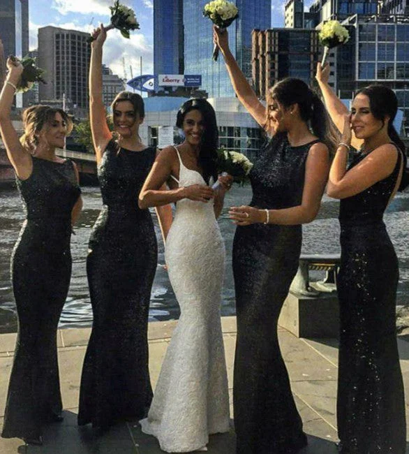 Women's Trendy Casual Outfit Feminine Flow Long Black Sequin Bridesmaid Dresses Mermaid Sleeveless