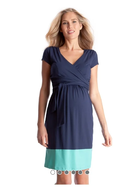 Women's Formal Event Clothing Luxe Layering Seraphine navy and green colour block maternity / nursing jersey dress - size 10