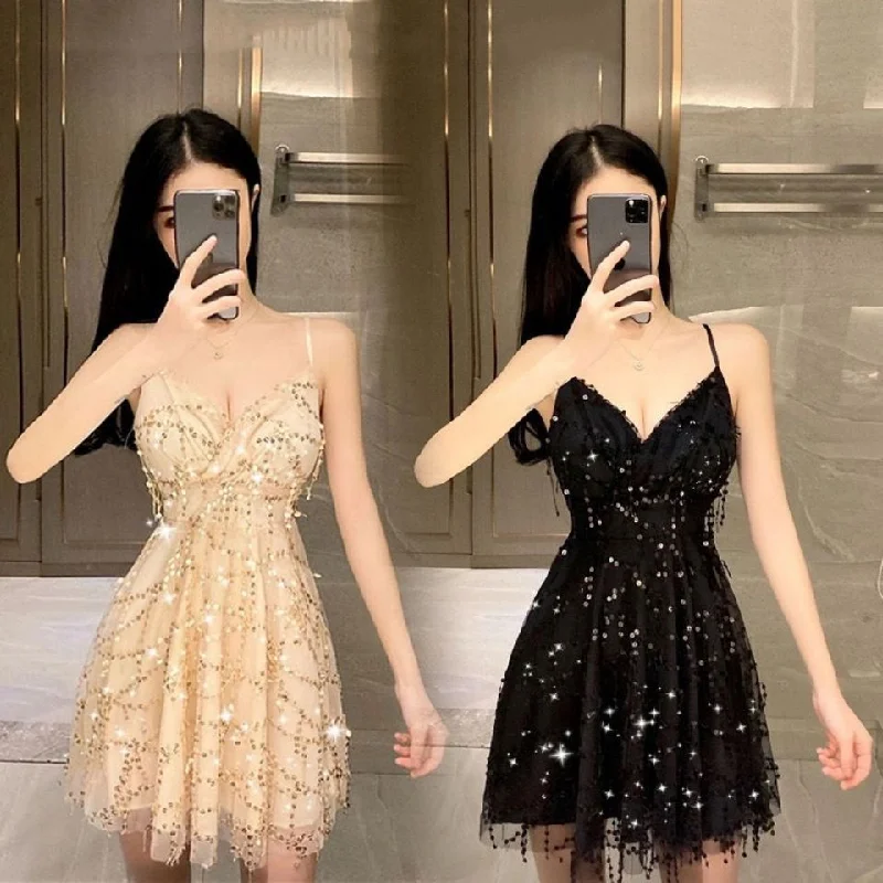 Women's Cozy Clothes Flowy Fabric IKERRLAX New Korean Style Sexy Tassel Sequined Backless Dress Beach Dress Suspender Skirt Nightclub Skirt Tulle Skirt