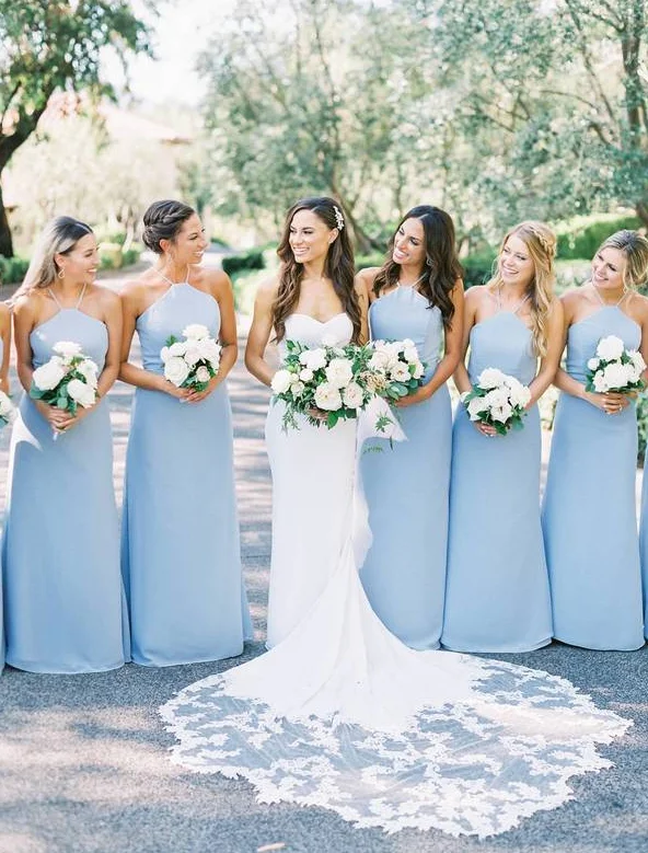 Women's Chic Outerwear Outfit Elegant Contour Roycebridal Simple Chiffon Halter Dusty Blue Bridesmaid Dresses under 100