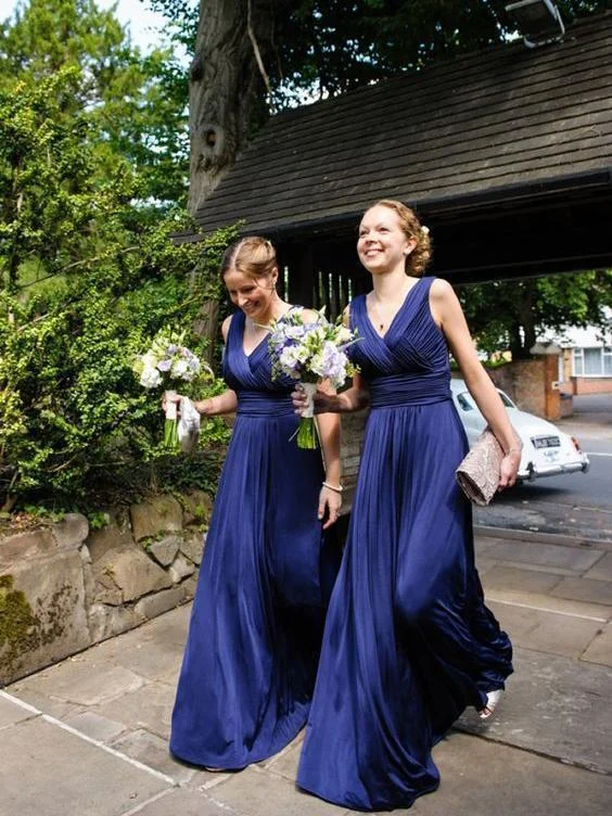 Women's Weekend Outfit Graceful Drape Roycebridal Sheath Long Royal Blue Bridesmaid Dresses V Neck Pleated Sleeveless