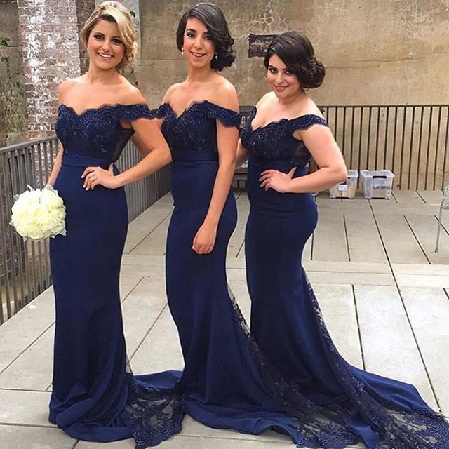 Women's Fashionable Clothing Sets Effortless Sophistication Mermaid Off-the-Shoulder Lace Dark Navy Bridesmaid Dresses