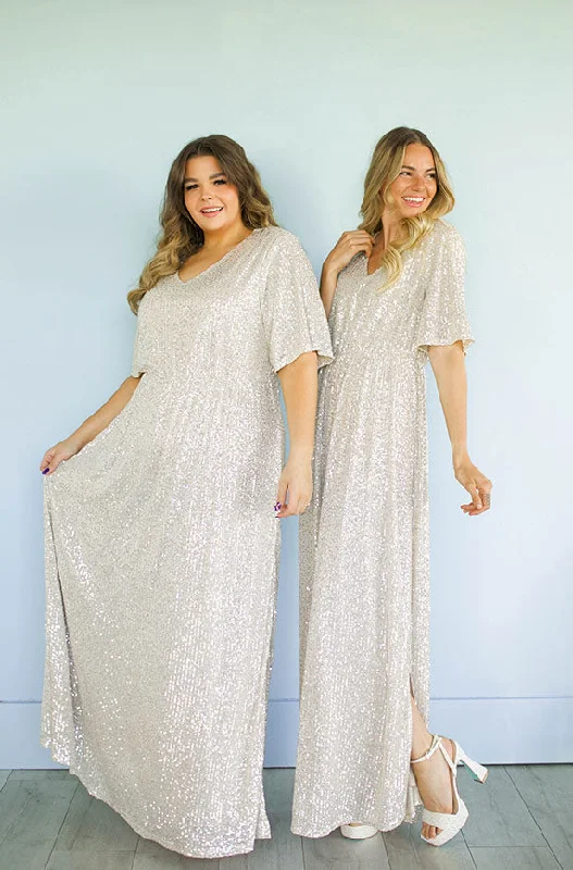 Women's Trendy Clothing Score Big on Glamorous Red - Carpet Styles Daphne Champagne Sequin Gown - DM Exclusive - Maternity Friendly - Restocked