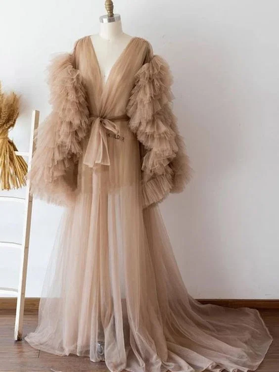 Women's Clothing Apparel Sophisticated Cut Champagne Tulle Maternity Women Dresses Ruffles Tiered Long Sleeves Full Sleeves Tulle Robe Women prom Dress   cg21082