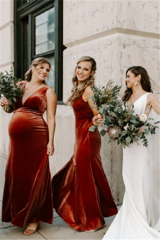 Timeless Women's Clothes Hollywood Glam Award - Show Style Roycebridal Mermaid Long Velvet Bridesmaid Dresses Deep V Neck Sleeveless