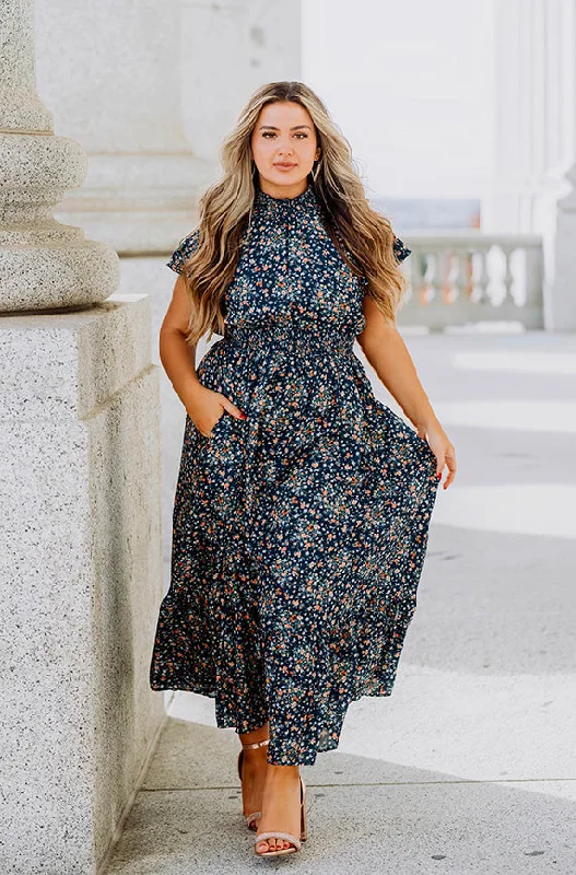 Women's Everyday Clothes Rustic Countryside Charm Look Skyler Navy Blossoms Smocked Maxi Dress – Maternity Friendly - DM Exclusive - Restocked