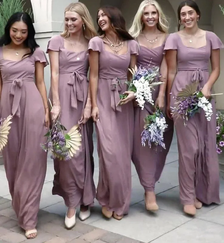 Women's Office Attire Cottagecore Rustic Charm Style Floor Length Sheath Wisteria Bridesmaid Dresses Short Sleeves