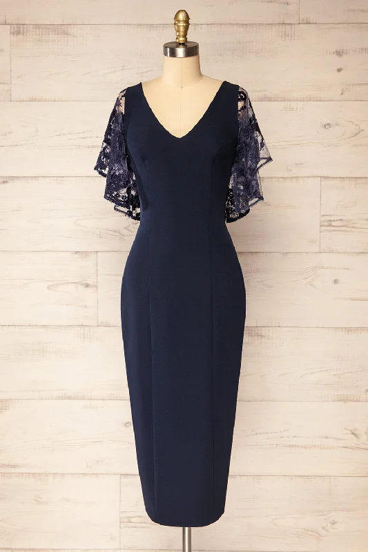 Women's Holiday Clothes Lightweight Fabric Myrania Navy | Fitted Midi Dress w/ Embroidered Sleeves