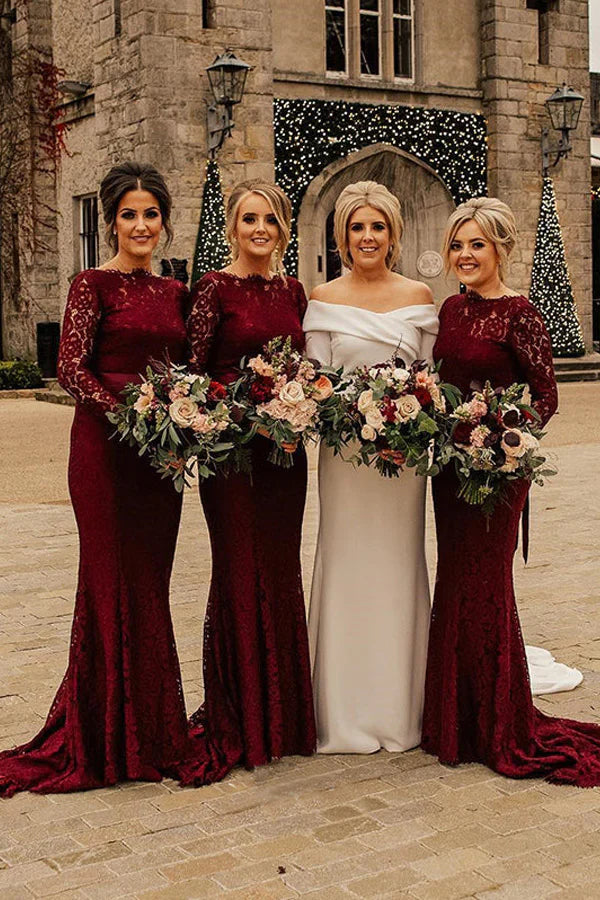 Women's Functional Apparel For Outdoor Activities End - of - Month Blowout Floor Length Long Sleeves Burgundy Bridesmaid Dresses Lace Mermaid Belt