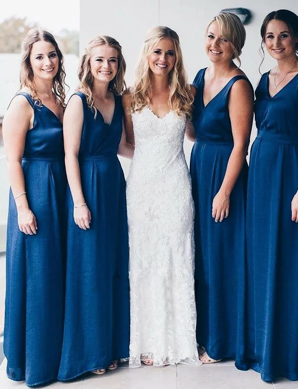 Women's Clothing Weekend Special Roycebridal A Line Long Chiffon Blue Bridesmaid Dresses Sleeveless Backless