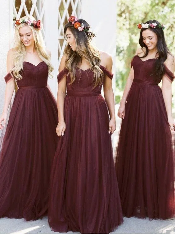 Comfortable Outfit For Women Final Clearance Burgundy Tulle Bridesmaid Dresses Off the Shoulder Wedding Party Dress