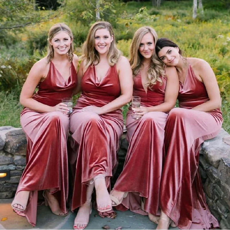 Women's Clothing For Work Casual Elegance Roycebridal Sexy V-neck Vintage Rust Velvet Bridesmaid Dresses Long