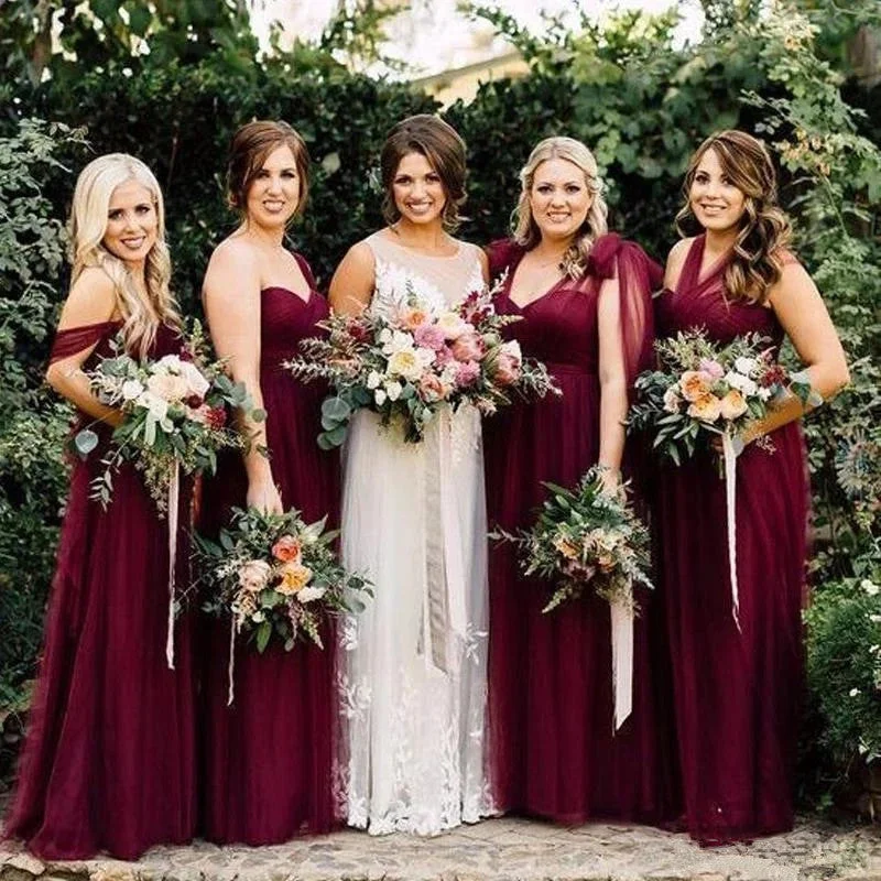 Women's Relaxed Outfit Luxe Layering Sheath Chiffon Long Tulle Burgundy Convertible Bridesmaid Dresses