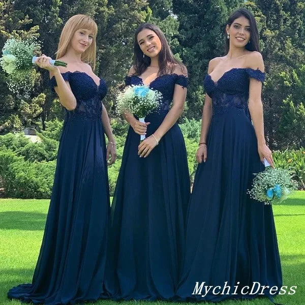 Women's Plus-Size Attire Luxury Comfort Roycebridal Off the Shoulder Lace Navy Blue Bridesmaid Dresses Sequins Wedding Guest Dress