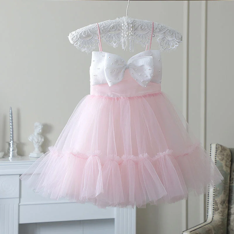 Fashion-Forward Women's Clothing Romantic Detailing Sweet Baby Girls Pink Suspender Big Bow Gauze Skirt Toddler Girl Party Dresses