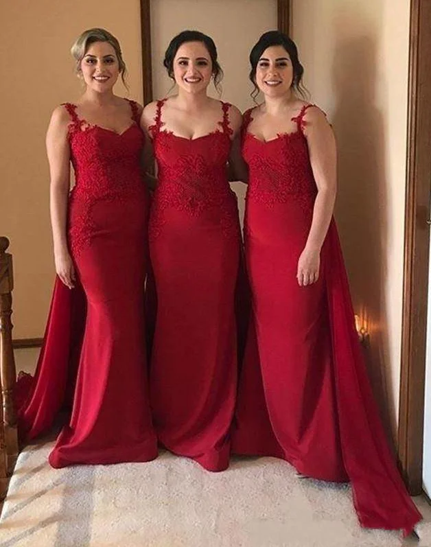 Affordable Women's Clothing Save on Classic Elegant Styles Spaghetti Straps Lace Burgundy Bridesmaid Dresses with Train