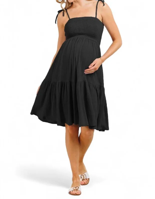 Stylish Women's Garments For Holidays Weekend Special Smocked Tie Strap Maternity Ruffle Dress In Black