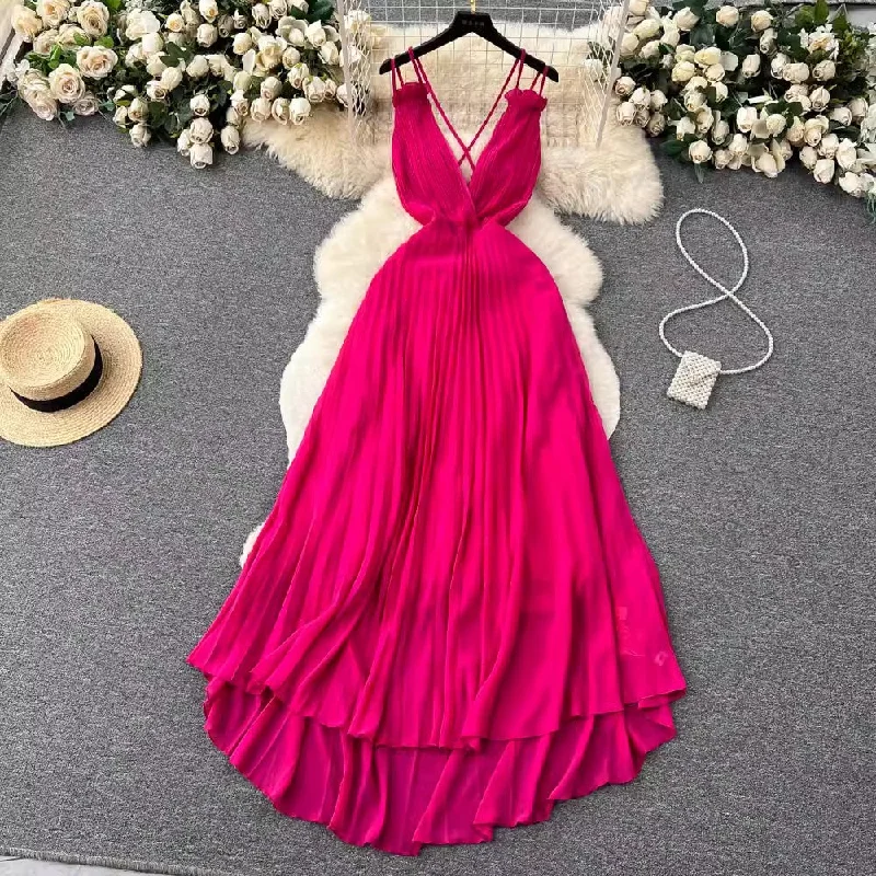 Women's Trendy Casual Outfit Modern Romance Sexy dress for women pleated deep v-neck backless design suspender long skirt       S4590