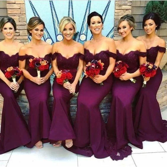 Women's Casual Wear Clothes Playful Elegance Roycebridal Mermaid Off the Shoulder Burgundy Lace Bridesmaid Dresses