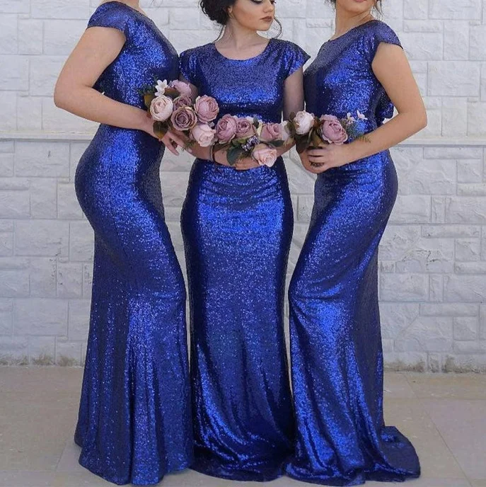 Women's Elegant Clothes Feminine Soft - Hued Look Roycebridal Mermaid Cap Sleeves Sequin Royal Blue Bridesmaid Dress