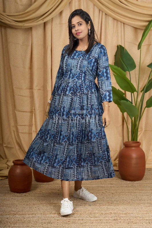 Women's Holiday Apparel Alluring Design Blue Cotton Maternity Dress with Indigo Print and Geometric Design for Women