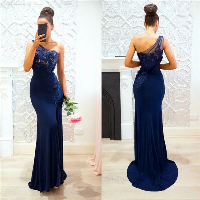 Charming Women's Clothes For Special Events Graceful Movement Roycebridal Cheap One-shoulder Navy Blue Bridesmaid Dresses