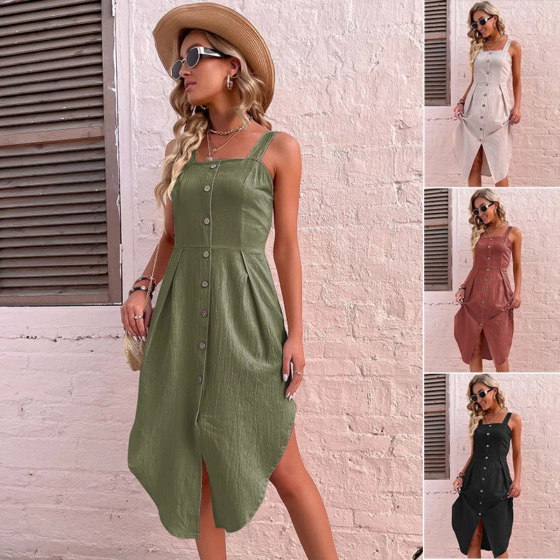 Sustainable Women's Apparel Rustic Countryside Charm Look IKEARLAX women's clothing is hot in  in summer, and the suspender is irregular backless cotton and linen dress.