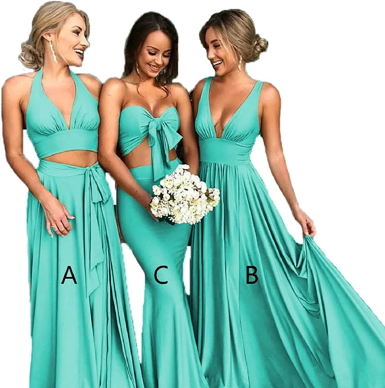 Women's Formal Event Attire Hollywood Glam Award - Show Style Chiffon Turquoise Bridesmaid Dresses Floor Length Long Mismatched Dress