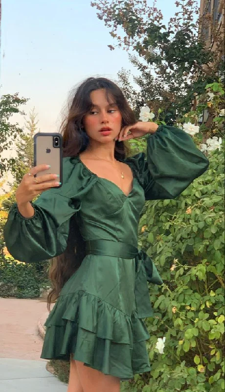 Women's Date Night Outfit Feminine Soft - Hued Look Green A-line Long Sleeves Homecoming Dress,Green Casual Dress Y4070