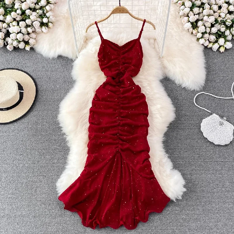 Women's Holiday Attire Contemporary Elegance Fashionable sparkling glitter suspender backless sleeveless dress    S4276