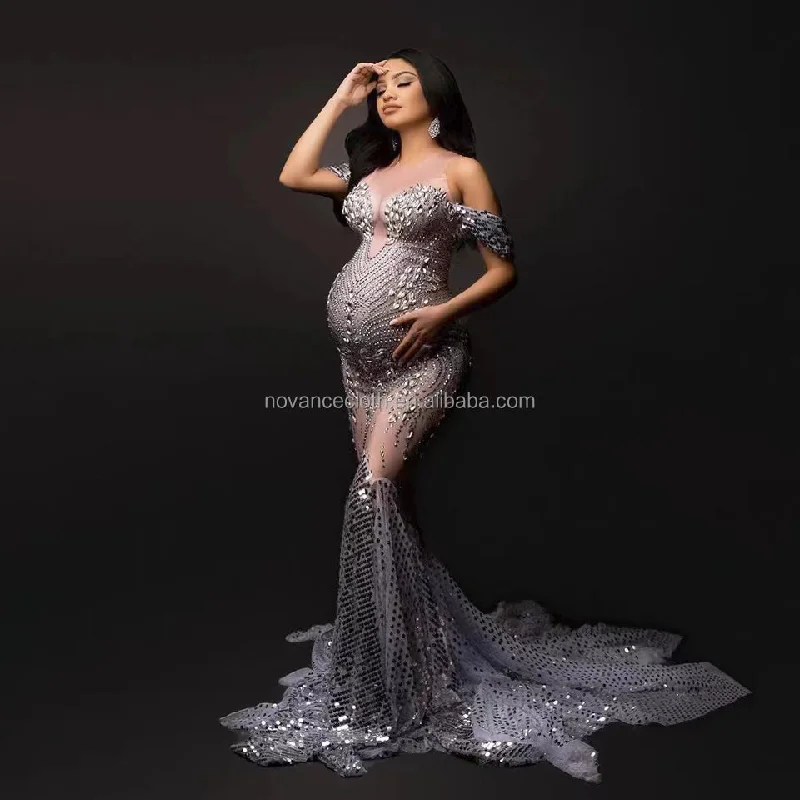 Women's Clothing With Trendy Designs Vintage Elegance NOCANCE Y1655 2023 new arrivals elegant shiny rhinestones off shoulder sexy maternity shoot dress sequin fishtail robe de soiree