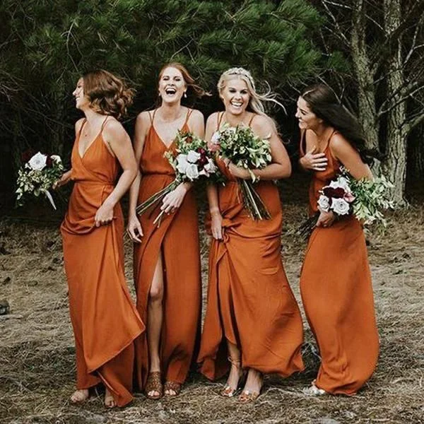 Women's Attire Chic Urban Fashion Look Roycebridal Simple Sleeveless V Neck Burnt Orange Bridesmaid Dresses