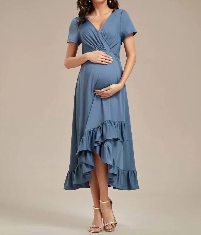 Affordable Luxury Women's Garments Modern Romance High Low Ruffles Maternity Dress In Dusty Navy