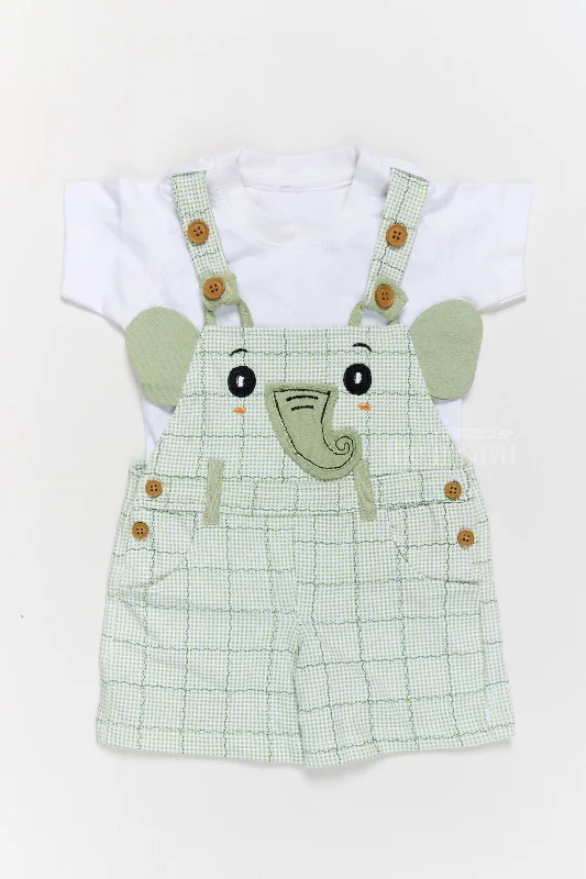 Women's Urban Clothing Save on Classic Elegant Styles Babydoll Casual Dress Green Checked Elephant Applique Cotton Dungaree Set