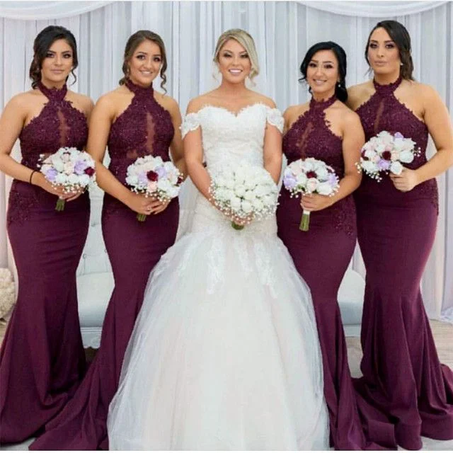 Women's Clothing For Casual Outings Elevated Style Maroon Halter Bridesmaid Dresses Mermaid Sleeveless Wedding Party Dress