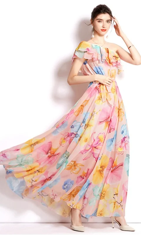 Women's Plus-Size Casual Outfit Boho - Chic Festival - Ready Style One-Shoulder Long Print Casual Dress BYC-6885