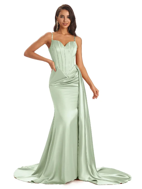 Women's Luxury Apparel Parisian Effortless Chic Style Sexy Soft Satin Mermaid Long Spaghetti Straps Good Wedding Guest Dresses