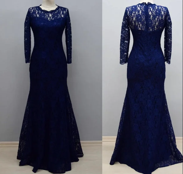 Women's High-Fashion Outfit Feminine Grace Floor Length Sheath Navy Blue Lace Long Sleeves Bridesmaid Dress Winter Party Dress