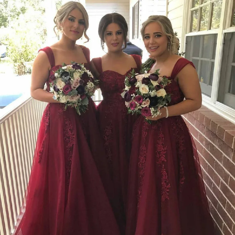 Women's Transitional Apparel Luxury Comfort Sexy Straps Sweetheart Burgundy Bridesmaid Dresses Lace-Appliques