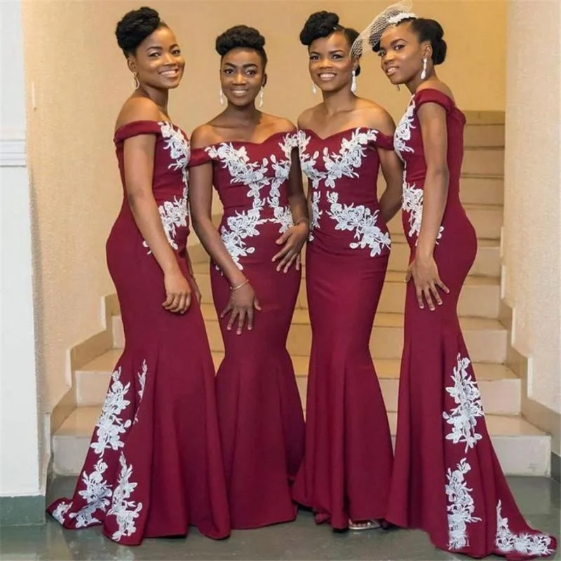 Women's Clothing For Travel Charming Silhouette Cheap Burgundy Bridesmaid Dresses Off the Shoulder Appliques Long